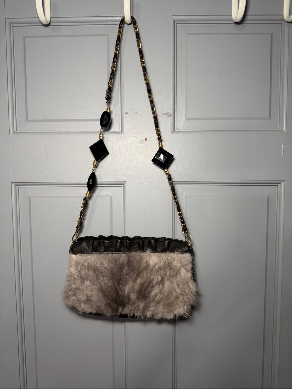 Paolo Masi Fur Shoulder Bag in Gray with Black Chain Accents